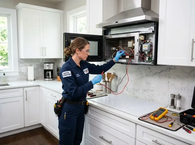 Appliance Repair Hero technician testing an over-the-range microwave in a Almont, MI kitchen